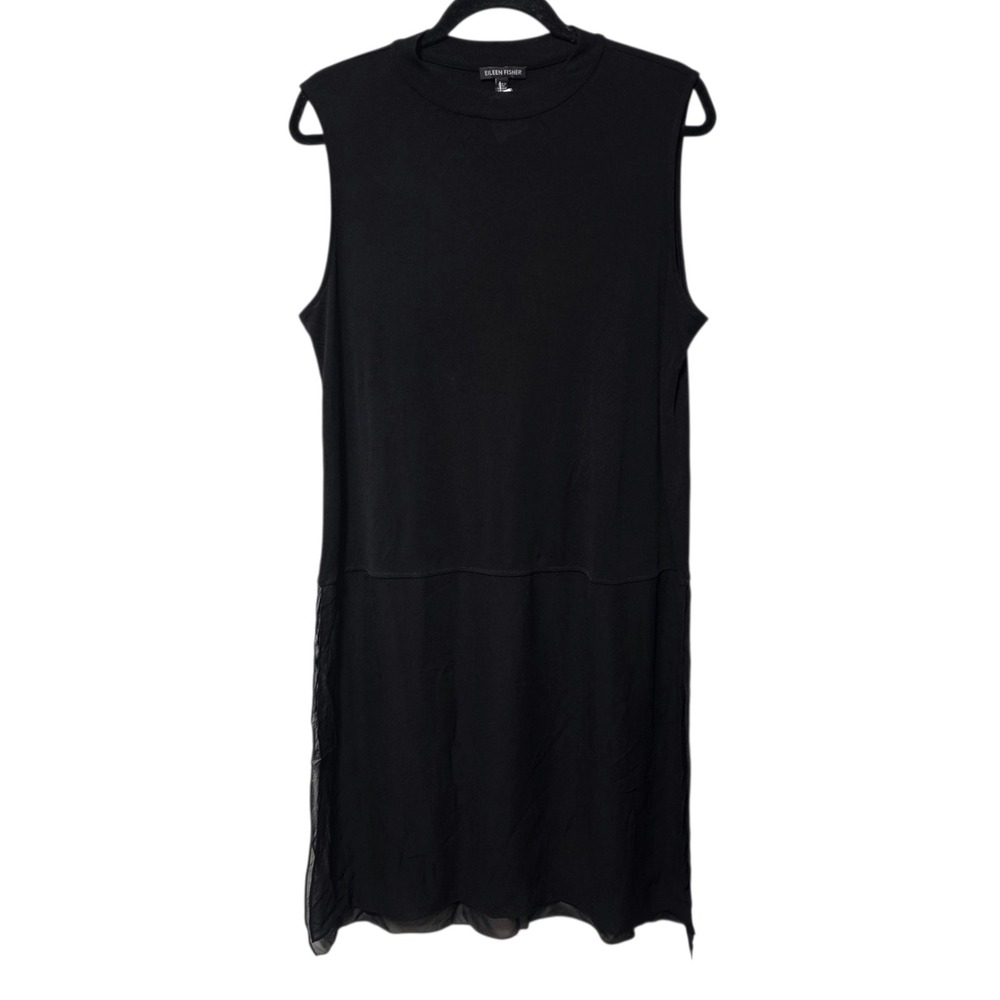 Eileen Fisher Medium Black Sleeveless Tunic Top Tank Chiffon Sheer Minimalist
